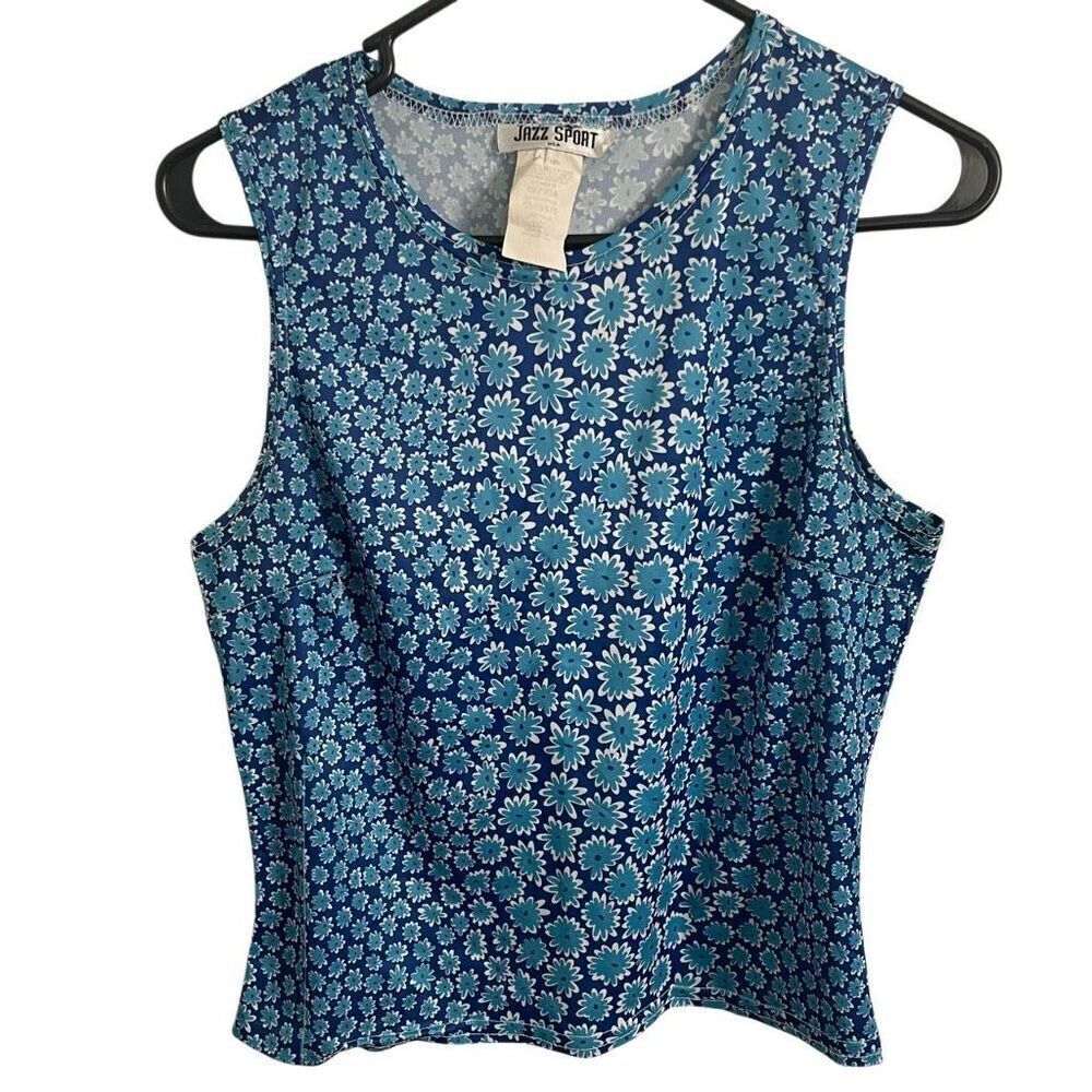 90s Y2K Jazz Sport Juniors Muscle Tank Top L Blue Daisy Retro Psychedelic